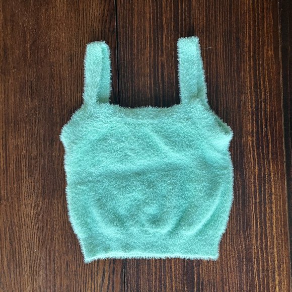 Mint Green Faux Fur Cropped Tank Top - Picture 2 of 4